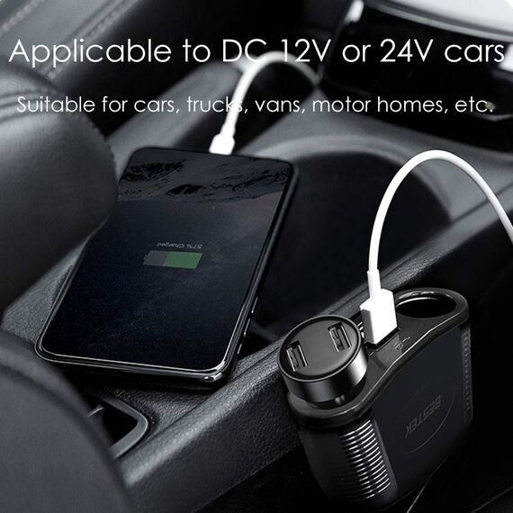 BESTEK 2 Fach Zigarettenanzünder Verteiler Adapter, LED Licht, Dual USB Ports Ladegerät, 12/24V DC