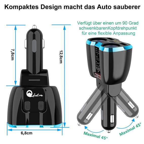 5-in-1 Auto Ladegerät: Zigarettenanzünder Verteiler Adapter Splitter 12V USB C KFZ Stecker 2 Fach Steckdose 12 Volt DC 80W mit LED Voltmeter Schalter Dual USB für Handy GPS Dash Kamera Sitzheizung