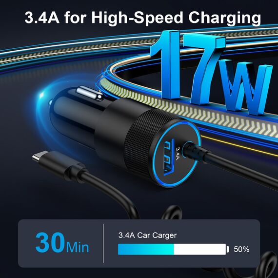 USB Zigarettenanzünder Adapter, 3.4A Schnell Kfz Ladekabel USB C Auto Ladegerät mit 1.2M Spiralkabel USBC für Samsung Galaxy S26 Ultra/S25 FE/S24/S23/S22/S21/A56 5G/A55/A54/A36/A17/A16,iPhone 17/16/15