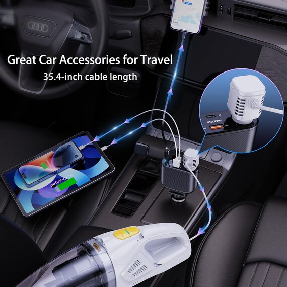 OHLPRO 5 in1 Zigarettenanzünder USB C Einziehbares Auto Ladegerät, Handy Autoladegerät 100W 12V USB Adapter Auto Schnellladegerät KFZ Stecker Splitter Kompatibel mit Handy iPhone iPad Samsung, Schwarz