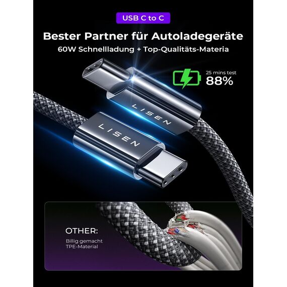 LISEN 95W KFZ Ladegerät USB C, für MacBook Pro 12V USB Adapter Auto PD 65W, USB Zigarettenanzünder Adapter Schnellladung Mit USB C Kabel, für iPad Galaxy S25 S24 iPhone 16 15 Pro Max
