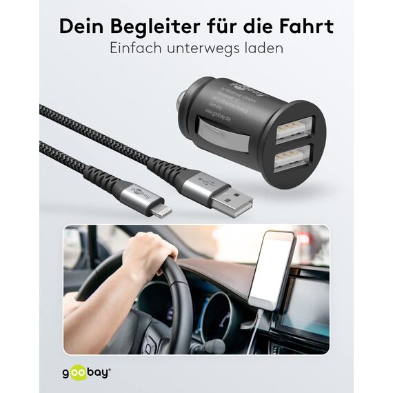 goobay 64804 Dual USB Port Auto Ladegerät USB Zigarettenanzünder Adapter 12V / 24V Kfz Mini USB Adapter Auto Ladestecker USB A Car Charger 15,5W inkl. 1m Lightning Kabel, Schwarz