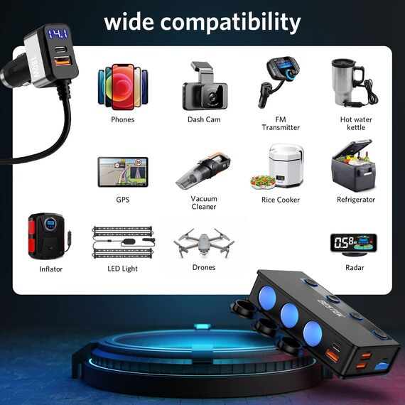 9 IN1 BESTEK 180W Zigarettenanzünder Verteiler, Auto KFZ Adegerät mit 65W PD & 4 Port QC3.0 kfz Ladegerät USB C Zigarettenanzünder Adapter USB mit LED Licht für iPhone Dash Cam iPad GPS