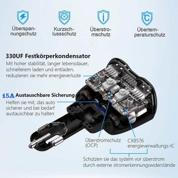 PD 3.0 Zigarettenanzünder Adapter 150W Kfz 12V Verteiler USB C Auto Ladegerät 2 Mehrfach Steckdose Netzteil DC 24V Stecker Splitter mit Schalter 3 USB Anschlüsse für Sitzheizung Handy GPS DashCam Navi