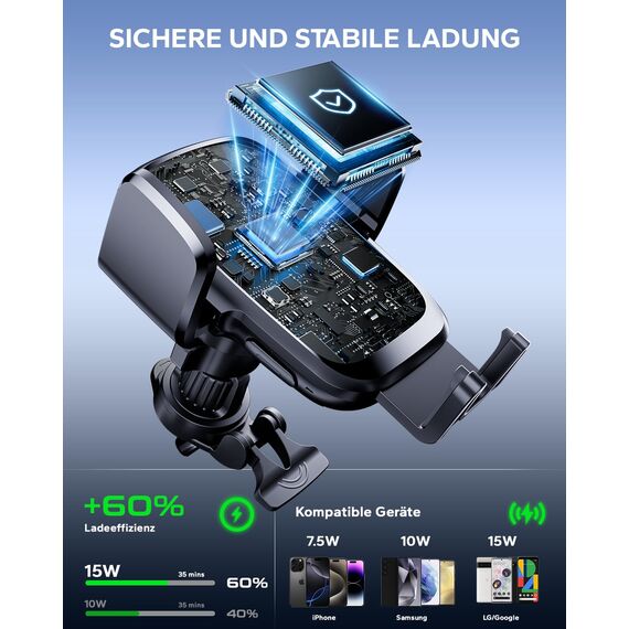 KPON 15W Qi Handyhalterung Auto mit Ladefunktion, Induktive Ladestation Auto mit Sauger & Clip, Automatische Klemmung Kfz Wireless Charger für iPhone 17/16/15/14/13, Samsung (Ohne Zigarettenanzünder)