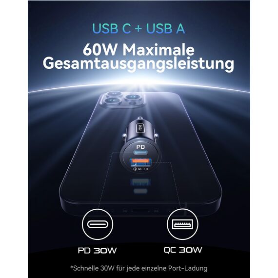 INIU Zigarettenanzünder, 12V USB C Adapter 60W Auto PD & QC 3.0 Kfz Ladegerät, Auto Ladegerät Adapter USB Zigarettenanzünder Verteiler Steckdose mit iPhone 16 15 14 13 Pro Max iPad Samsung S24 S23
