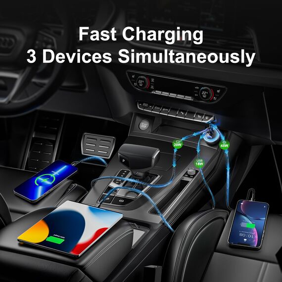 USB C Autoladegerät, 3-Port 65W Dual USB-C Auto Netzteiladapter PD/QC3.0 Schnellladen Zigarettenanzünder USB Ladegerät für iPhone 15/14/13 Pro Max, Samsung Galaxy S24/S23/S22 (Schwarz & Kabel)