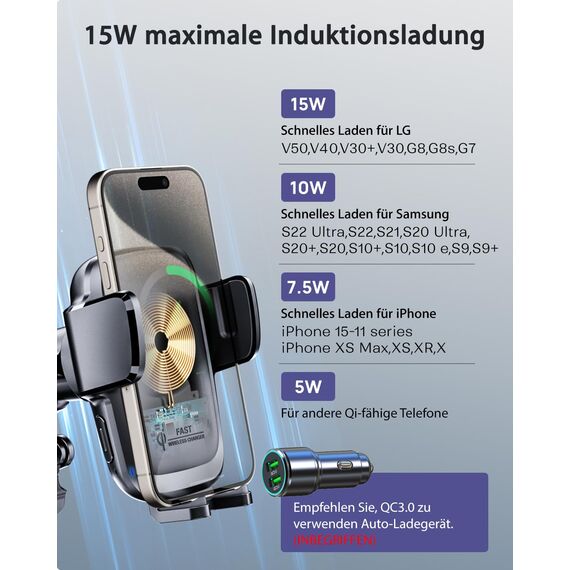 KPON 15W Qi Zertifiziert Handyhalterung Auto mit Ladefunktion,Induktive ladestation Auto,Handyhalterung Lüftung+Saugnapf für iPhone 17/16/15/14/13/12/11/X/Pro/Max/8 Plus/Mini/Samsung S25/S24/S23/S22