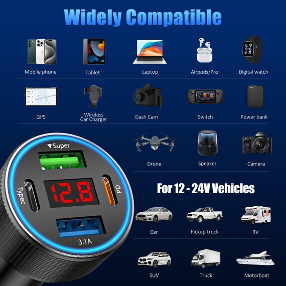 Zigarettenanzünder USB C, USB Zigarettenanzünder Adapter 12v USB Adapter Auto kfz Ladegerät Schnellladegerät für iPhone Samsung Telefon Tablets (Schwarz & Kabel)