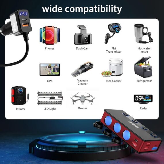 9 IN 1 Zigarettenanzünder Verteiler, BESTEK 180W Auto KFZ Ladegerät Adapter mit 65W PD & 4 Port QC3.0 kfz Ladegerät USB C Stecker Ladekabel Splitter mit LED Licht für Dash/Cam/iPad/GPS, Schwarz & Rot