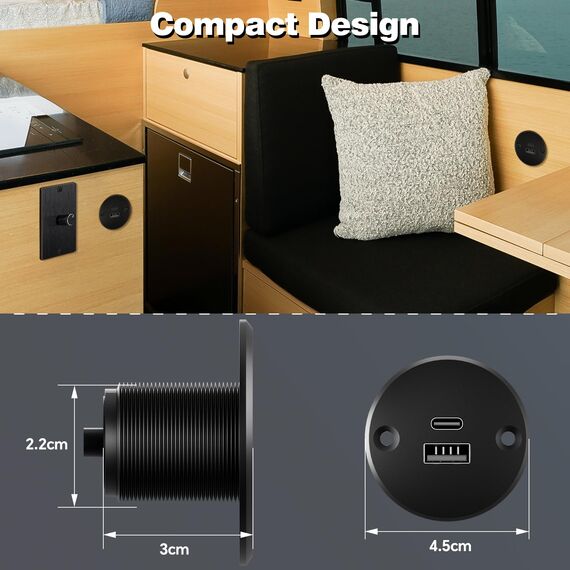 acegoo USB C Steckdose 12V Wohnmobil Ladegerät Vollaluminium, Typ C USB Anschluss PD3.0 QC3.0 KFZ Buchse Dose Einbau Adapter für Camper Auto Boot LKW Wohnwagen (1 x großes Panel)