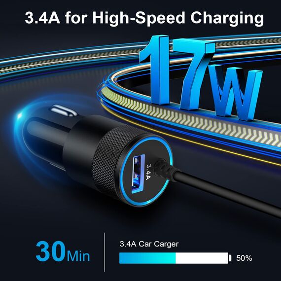 Zigarettenanzünder USB Adapter, AILKIN 3.4A Schnell Auto Ladekabel Kfz Ladegerät mit 1M USB C Ladekabel für Samsung Galaxy S26/S25/S24/S23/S22/S21/A17 5G/A16/A15/A56/A55/A54/Z Flip 7, Google Pixel 10