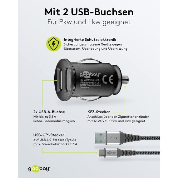 goobay 64806 Dual USB Port Auto Ladegerät USB Zigarettenanzünder Adapter 12V / 24V Kfz Mini USB Adapter Auto Ladestecker USB A Car Charger 15,5W inkl. 1m Micro USB Kabel, Schwarz