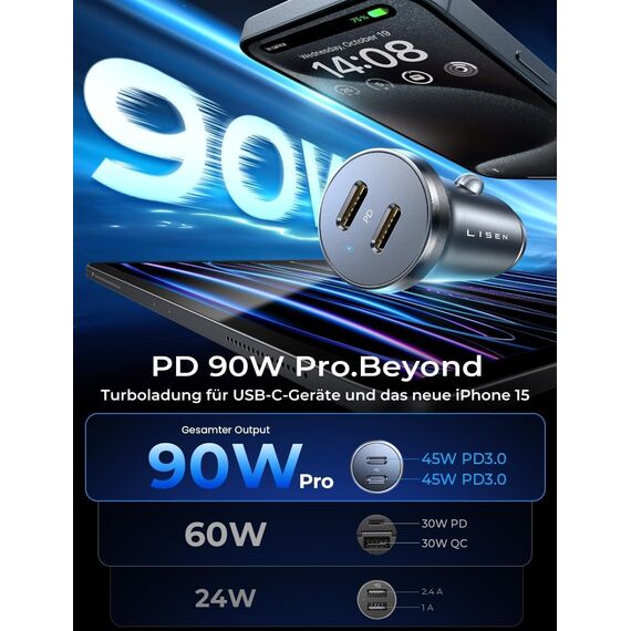 LISEN 90W Zigarettenanzünder USB C, [PD3.0 Superschnelles Laden] Autoladegerät Zigarettenanzünder, KFZ Ladegerät USB C, Car Charger, Cadeau Saint Valentin für iPhone 17 16 15 Pro Max iPad Galaxy S25
