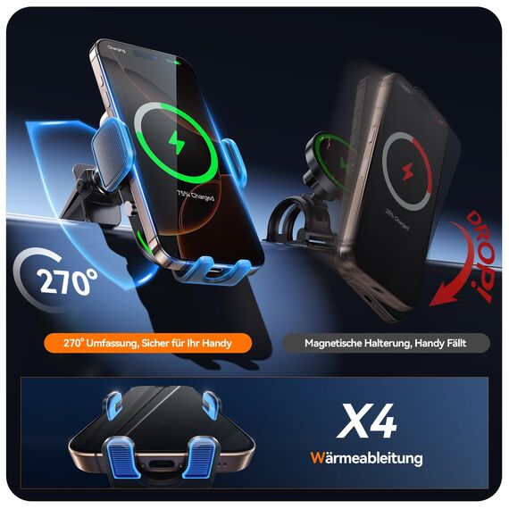 Auckly Handyhalterung Auto mit Ladefunktion, 【Smart Sense】 Qi 15W Fast Wireless Charger Auto Induktives Laden Induktion Kfz Ladegerät für iPhone 12 13 14 15 16 Pro Max Mini Plus (Schwarz)
