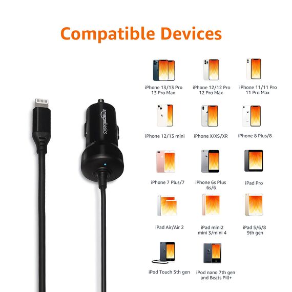 Amazon Basics - Kfz-Ladegerät mit Lightning-Anschluss, Spiral-Kabel, 5 V, 2,4 A, 0,45 m, Schwarz