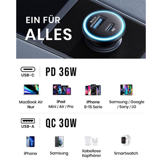 INIU 66W Zigarettenanzünder USB C, 12V USB Adapter Auto [36W PD & 30W QC3.0] Kfz Ladegerät, Super Schnellladung Handy Car Charger Verteiler Steckdose für iPhone 16 15 14 13 iPad Samsung Galaxy S24 S23