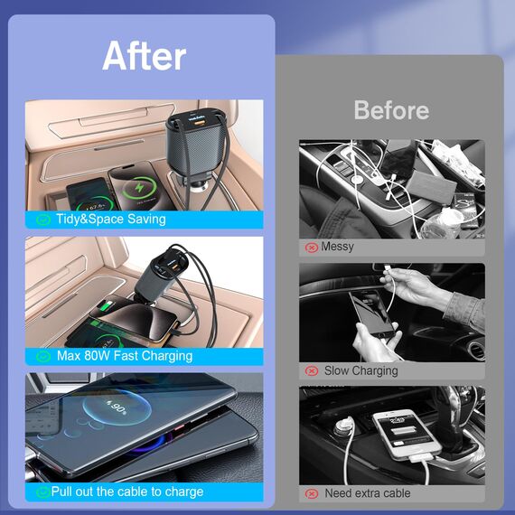 MAGJIEYX Einziehbares Auto Ladegerät, 4 in 1 Handy Autoladegerät Zigarettenanzünder mit 2 Typ-C-Kabel und USB-A/C-Anschluss,80W Schnellladegerät für iPhone16/15/14/13 Pro Max Plus,Galaxy, Autozubehör