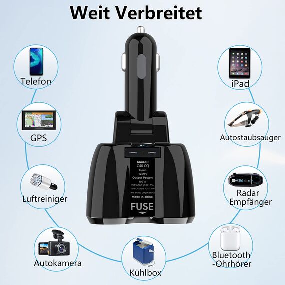 PD 3.0 Zigarettenanzünder Adapter 150W Kfz 12V Verteiler USB C Auto Ladegerät 2 Mehrfach Steckdose Netzteil DC 24V Stecker Splitter mit Schalter 3 USB Anschlüsse für Sitzheizung Handy GPS DashCam Navi