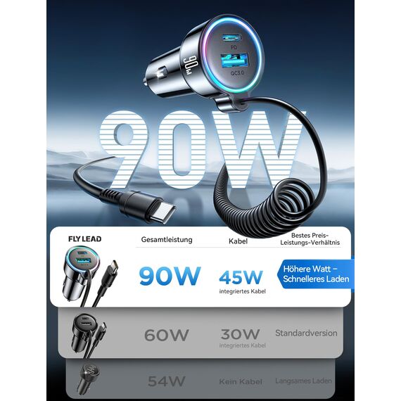 2026 Upgrade 90W Zigarettenanzünder USB C Adapter, [DUAL CHIP] 3 Häfen 45W PD3.0 & QC3.0 Schnell Kfz Ladegerät mit 1.5M Schnell Spiral Typ C Kabel, Auto ladegerät für iPhone 17/16/15, Samsung S26/S25