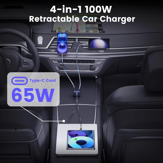 100W Zigarettenanzünder USB C, RAMPOW 4in1 Einziehbares Auto Ladegerät, 65W USB-C Schnellladung, BMW Accessoires Car Auto Zubehör Innenraum mit MacBook Pro, iPhone 16 e/15, Samsung, iPad-Mineralfarbe