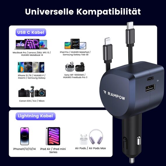 2Pack 100W Zigarettenanzünder USB C, RAMPOW 4in1 Einziehbares Auto Ladegerät, 65W USB-C Schnellladung, BMW Accessoires Car Auto Zubehör Innenraum mit MacBook, iPhone16e 15, Samsung, iPad-Mineralfarbe