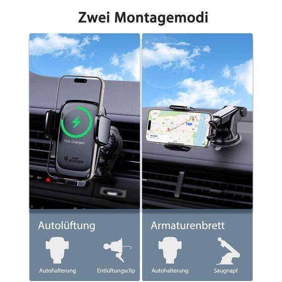 KPON 15W Qi Zertifiziert Handyhalterung Auto mit Ladefunktion,Induktive ladestation Auto,Handyhalterung Lüftung+Saugnapf für iPhone 17/16/15/14/13/12/11/X/Pro/Max/8 Plus/Mini/Samsung S25/S24/S23/S22