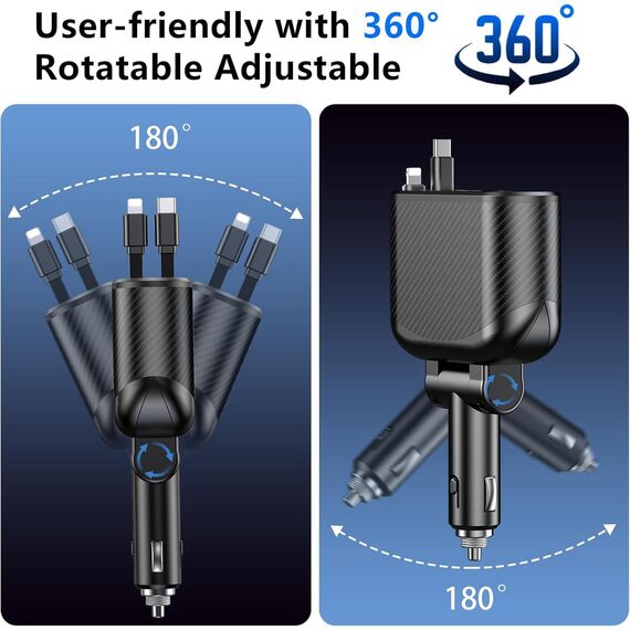 OHLPRO 5 in1 Zigarettenanzünder USB C Einziehbares Auto Ladegerät, Handy Autoladegerät 100W 12V USB Adapter Auto Schnellladegerät KFZ Stecker Splitter Kompatibel mit Handy iPhone iPad Samsung, Schwarz
