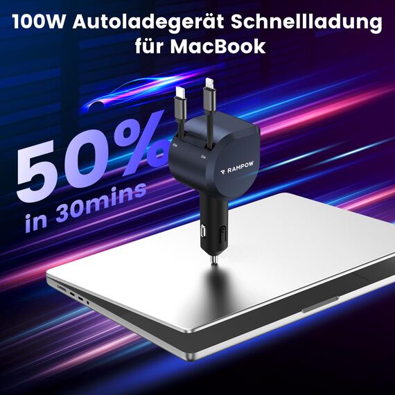 2Pack 100W Zigarettenanzünder USB C, RAMPOW 4in1 Einziehbares Auto Ladegerät, 65W USB-C Schnellladung, BMW Accessoires Car Auto Zubehör Innenraum mit MacBook, iPhone16e 15, Samsung, iPad-Mineralfarbe