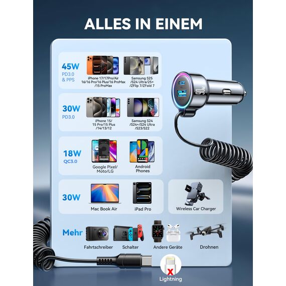 2026 Upgrade 90W Zigarettenanzünder USB C Adapter, [DUAL CHIP] 3 Häfen 45W PD3.0 & QC3.0 Schnell Kfz Ladegerät mit 1.5M Schnell Spiral Typ C Kabel, Auto ladegerät für iPhone 17/16/15, Samsung S26/S25