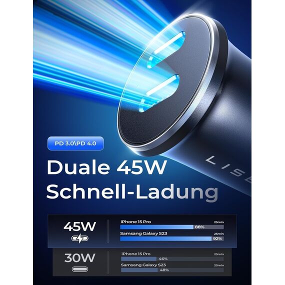 LISEN 90W Zigarettenanzünder USB C【Anti-Biegen Ladekabel C-C & C-Lightning Hafen】 Adapter 12v Dualer PD45W KFZ Ladegerät USB C Auto Adapterl für iPhone 16 14/15 Pro Max Google Pixel Galaxy S25/S24