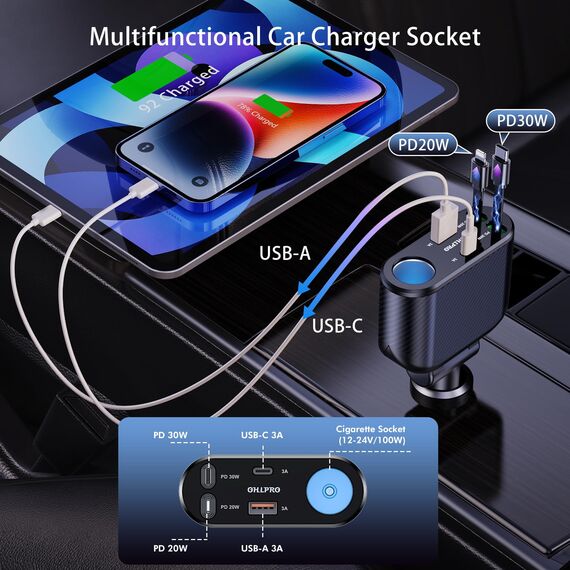 OHLPRO 5 in1 Zigarettenanzünder USB C Einziehbares Auto Ladegerät, Handy Autoladegerät 100W 12V USB Adapter Auto Schnellladegerät KFZ Stecker Splitter Kompatibel mit Handy iPhone iPad Samsung, Schwarz