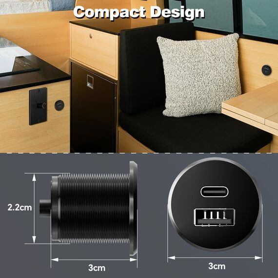 acegoo USB C Steckdose 12V Wohnmobil Ladegerät Vollaluminium, Typ C USB Anschluss PD3.0 QC3.0 KFZ Buchse Dose Einbau Adapter für Camper Auto Boot LKW Wohnwagen (kleines Panel*1)