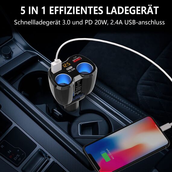 PD 3.0 Zigarettenanzünder Adapter 150W Kfz 12V Verteiler USB C Auto Ladegerät 2 Mehrfach Steckdose Netzteil DC 24V Stecker Splitter mit Schalter 3 USB Anschlüsse für Sitzheizung Handy GPS DashCam Navi