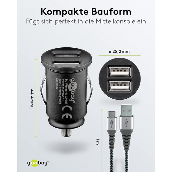 Goobay 64805 Dual USB Port Auto Ladegerät Zigarettenanzünder Adapter 12V / 24V Kfz Mini Adapter Ladestecker Car Charger 15,5W inkl. 1m USB C Kabel