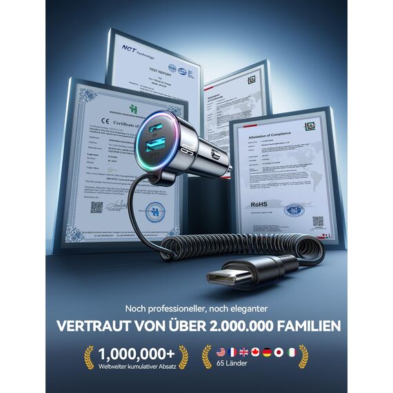 2026 Upgrade 90W Zigarettenanzünder USB C Adapter, [DUAL CHIP] 3 Häfen 45W PD3.0 & QC3.0 Schnell Kfz Ladegerät mit 1.5M Schnell Spiral Typ C Kabel, Auto ladegerät für iPhone 17/16/15, Samsung S26/S25