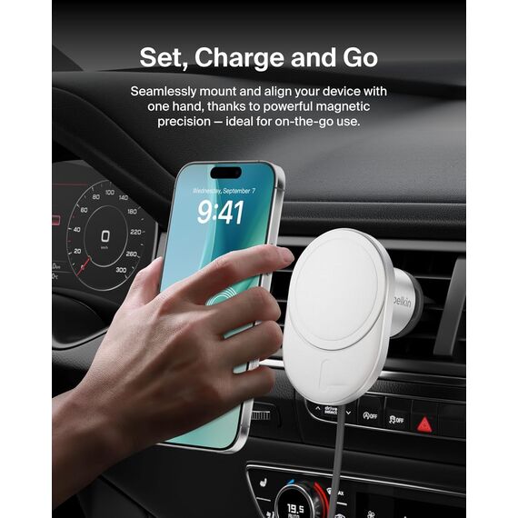 Belkin BoostCharge Pro magnetisches kabelloses Kfz-Ladegerät mit Qi2 (15 W), MagSafe-kompatibles Auto-Ladegerät für iPhone-Serien 17, Air, 16, 15, 14, Pixelsnap, Handyhalterung mit 1,5-m-USB-C-Kabel