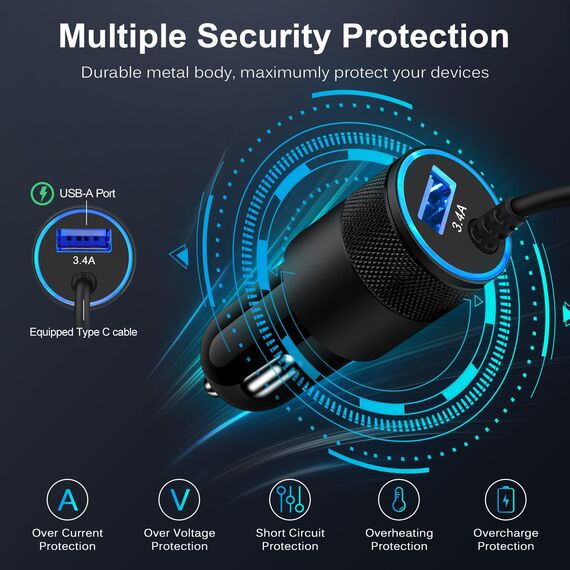 Zigarettenanzünder USB Adapter, AILKIN 3.4A Schnell Auto Ladekabel Kfz Ladegerät mit 1M USB C Ladekabel für Samsung Galaxy S26/S25/S24/S23/S22/S21/A17 5G/A16/A15/A56/A55/A54/Z Flip 7, Google Pixel 10