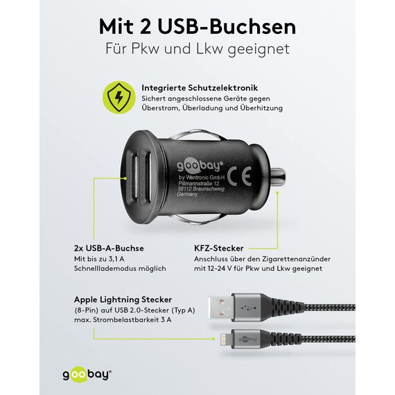 goobay 64804 Dual USB Port Auto Ladegerät USB Zigarettenanzünder Adapter 12V / 24V Kfz Mini USB Adapter Auto Ladestecker USB A Car Charger 15,5W inkl. 1m Lightning Kabel, Schwarz