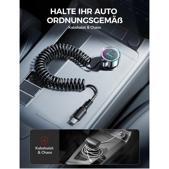 2026 Upgrade 90W Zigarettenanzünder USB C Adapter, [DUAL CHIP] 3 Häfen 45W PD3.0 & QC3.0 Schnell Kfz Ladegerät mit 1.5M Schnell Spiral Typ C Kabel, Auto ladegerät für iPhone 17/16/15, Samsung S26/S25