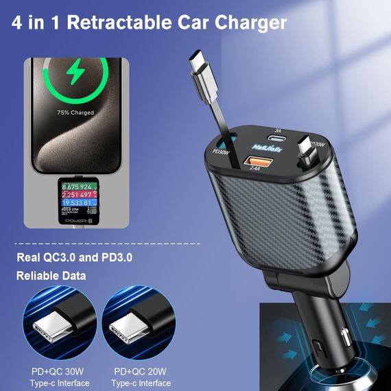 MAGJIEYX Einziehbares Auto Ladegerät, 4 in 1 Handy Autoladegerät Zigarettenanzünder mit 2 Typ-C-Kabel und USB-A/C-Anschluss,80W Schnellladegerät für iPhone16/15/14/13 Pro Max Plus,Galaxy, Autozubehör