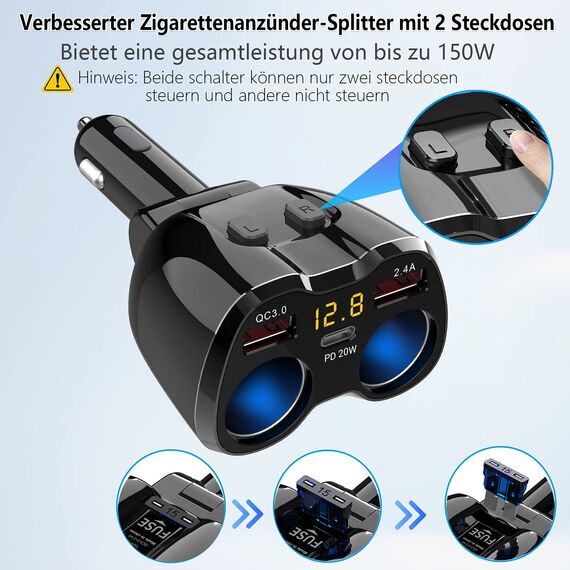 PD 3.0 Zigarettenanzünder Adapter 150W Kfz 12V Verteiler USB C Auto Ladegerät 2 Mehrfach Steckdose Netzteil DC 24V Stecker Splitter mit Schalter 3 USB Anschlüsse für Sitzheizung Handy GPS DashCam Navi