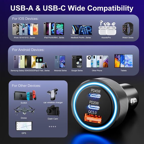 Zigarettenanzünder USB, 3-Port 65W USB C Autoladegerät PD/QC3.0 Schnellladegerät Auto Ladegerät 12V USB Adapter Auto Zigarettenanzünder Adapter für iPhone 16/15/14/13 Pro Max, Samsung Galaxy S25/S24