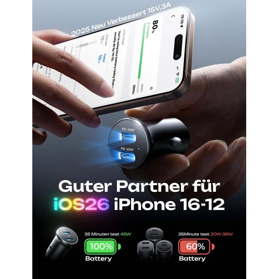 LISEN 90W Zigarettenanzünder USB C【Anti-Biegen Ladekabel C-C & C-Lightning Hafen】 Adapter 12v Dualer PD45W KFZ Ladegerät USB C Auto Adapterl für iPhone 16 14/15 Pro Max Google Pixel Galaxy S25/S24