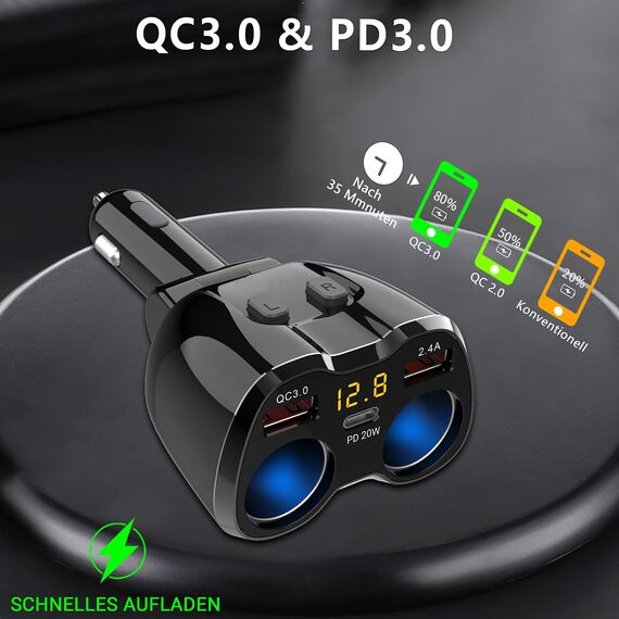 PD 3.0 Zigarettenanzünder Adapter 150W Kfz 12V Verteiler USB C Auto Ladegerät 2 Mehrfach Steckdose Netzteil DC 24V Stecker Splitter mit Schalter 3 USB Anschlüsse für Sitzheizung Handy GPS DashCam Navi