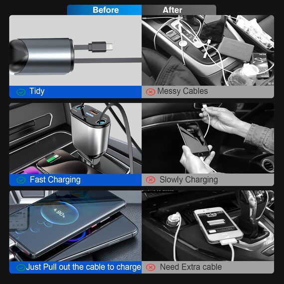 4 in 1 Zigarettenanzünder USB C, Einziehbares Auto Ladegerät 80W Autoladegerät Schnellladegerät (Type-C/USB-i Ladekabel, USB-A/C Anschluss) für iPhone16/15/14/13 Pro Max Plus,Galaxy, Autozubehör