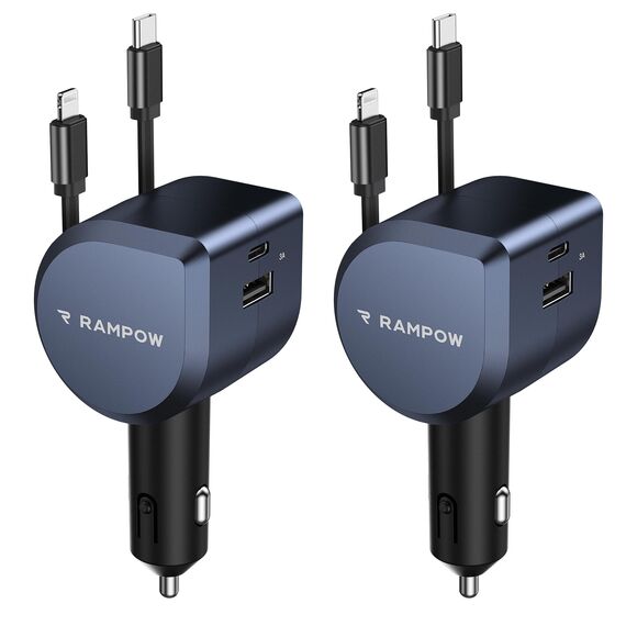 2Pack 100W Zigarettenanzünder USB C, RAMPOW 4in1 Einziehbares Auto Ladegerät, 65W USB-C Schnellladung, BMW Accessoires Car Auto Zubehör Innenraum mit MacBook, iPhone16e 15, Samsung, iPad-Mineralfarbe