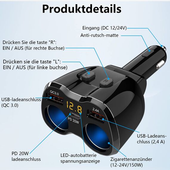 PD 3.0 Zigarettenanzünder Adapter 150W Kfz 12V Verteiler USB C Auto Ladegerät 2 Mehrfach Steckdose Netzteil DC 24V Stecker Splitter mit Schalter 3 USB Anschlüsse für Sitzheizung Handy GPS DashCam Navi