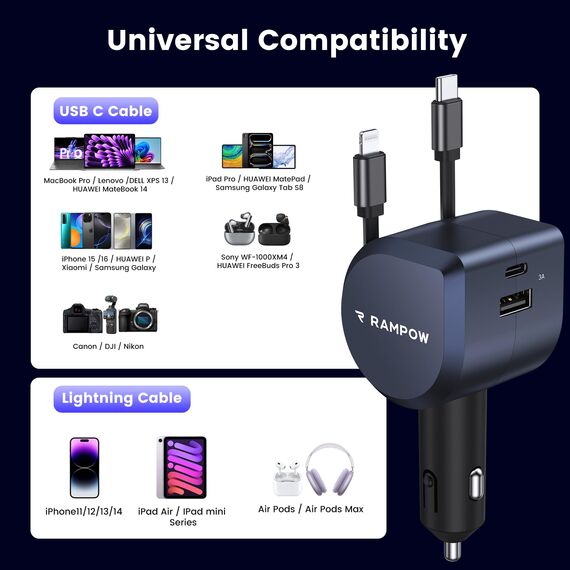 100W Zigarettenanzünder USB C, RAMPOW 4in1 Einziehbares Auto Ladegerät, 65W USB-C Schnellladung, BMW Accessoires Car Auto Zubehör Innenraum mit MacBook Pro, iPhone 16 e/15, Samsung, iPad-Mineralfarbe