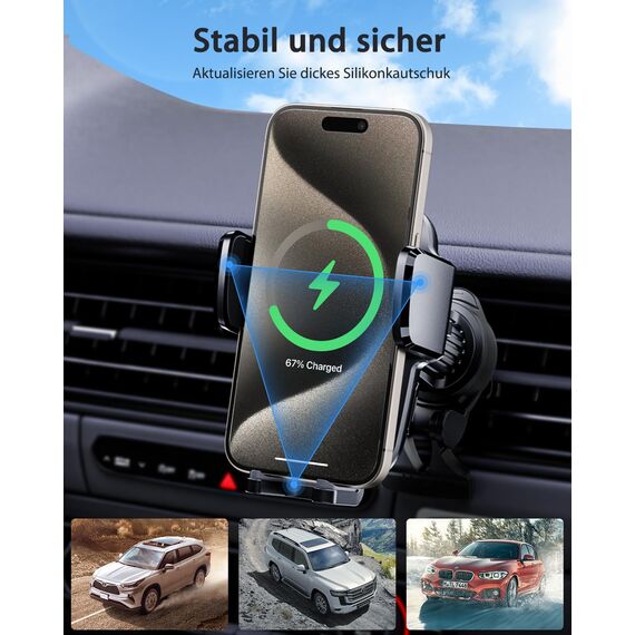 KPON 15W Qi Zertifiziert Handyhalterung Auto mit Ladefunktion,Induktive ladestation Auto,Handyhalterung Lüftung+Saugnapf für iPhone 17/16/15/14/13/12/11/X/Pro/Max/8 Plus/Mini/Samsung S25/S24/S23/S22